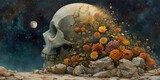 Fototapeta  - Fantasy scene - A large human skull lying in flowers against the background of a starry sky. Human life concept.
