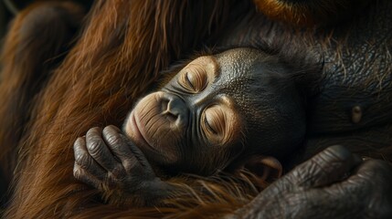 Wall Mural - wide shot of a baby orang utan sleeping in the arms of his mother, in the jungle