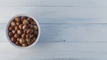 Poster - Generative AI : Mixed nuts in a bowl on white wood background.