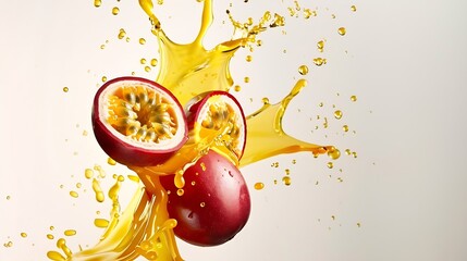 Poster - Generative AI : Red passion fruit with passionfruit juice splash flying in the air isolated on white background.