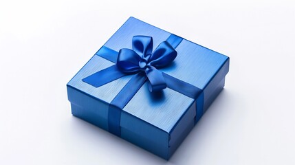 Poster - Generative AI : Blue shiny metallic gift box isolated on white background. top view, copy space