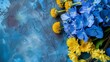 Generative AI : Bouquet from blue hydrangeas and yellow asters, a flower background