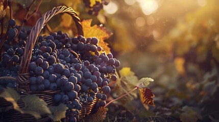 Poster - Generative AI : Ripe Syrah grapes on vine, close-up with glow in background and selective focus