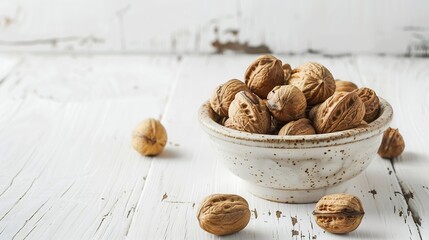 Poster - Generative AI : Mixed nuts in a bowl on white wood background.