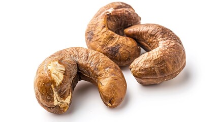 Poster - Generative AI : Close-up Three Roasted cashew nuts isolated on white background. Clipping path.