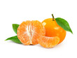 tangerine or mandarin fruit with leaves, transparent background