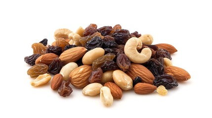Poster - Generative AI : Mixed fresh nuts and raisins isolated on white background