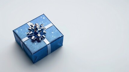 Wall Mural - Generative AI : Blue shiny metallic gift box isolated on white background. top view, copy space