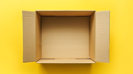 Aufkleber - Generative AI : Open empty cardboard box on yellow background. Top view
