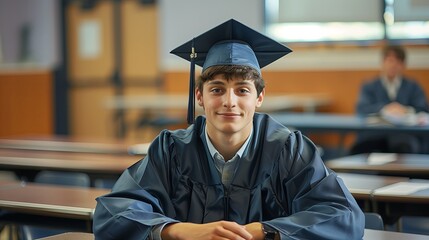 Wall Mural - Portrait of smiling graduate in gown and hat young man in classroom