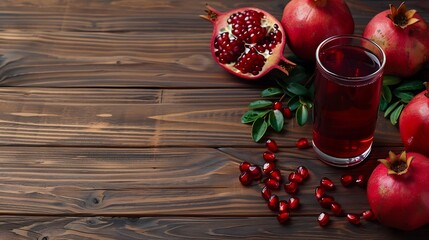 Poster - Generative AI : Pomegranate juice with fresh pomegranate fruits on wooden table.