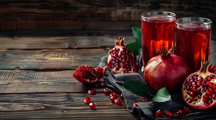 Poster - Generative AI : Pomegranate juice with fresh pomegranate fruits on wooden table.