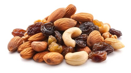 Poster - Generative AI : Mixed fresh nuts and raisins isolated on white 