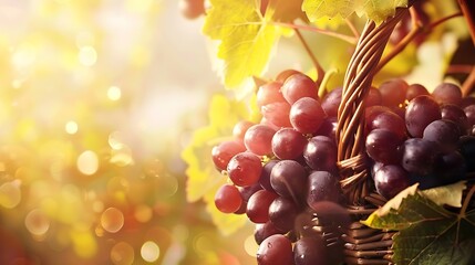 Poster - Generative AI : Bunch of Black Wine grape over green natural vineyard garden background