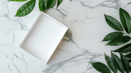 Aufkleber - Generative AI : White box open on marble table with green plant, flatlay
