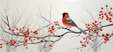 Red Cardinal On Branch. Illustration Of Bird Sitting On Branch With Red Berries In Snow. Whistler, Waxwing On A Ashberry, Hawthorn Berries, Rowan Tree Branch In Cold Frost. Life Of Wild Bird In Winter