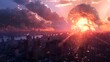 In the shadow of the ruined buildings of the city, the hell of an atomic bomb explosion opens up, creating an image of horror and destruction, which becomes a symbol of the ruthlessness of a military 