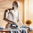 Humanoid domestic household robot irons clothes with a steam iron on the board. Robot assistant for the care of clothes. Housekeeping. Clothing. Android. Generative AI