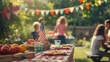 An outdoor setting with a family gathered around a picnic table adorned with Memorial Day decorations, Memorial Day, with copy space