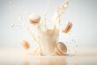 An animated shot of milk vigorously splashing out of a clear glass, surrounded by four colorful macarons. The concept of demonstrating the freshness and quality of bakery or dairy products.