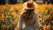 Woman stands amidst a vibrant field of blooming flowers, facing away from the camera, wearing a sunhat, as the setting sun casts a warm glow.