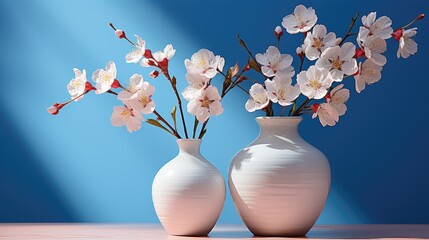 Sticker - Beautiful white blooming flowers on branches in a white ceramic vase. The theme of a beautiful and stylish interior.