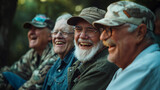Fototapeta  - A moment of laughter among veterans sharing old war stories, finding joy amidst the solemnity of Memorial Day, with copy space