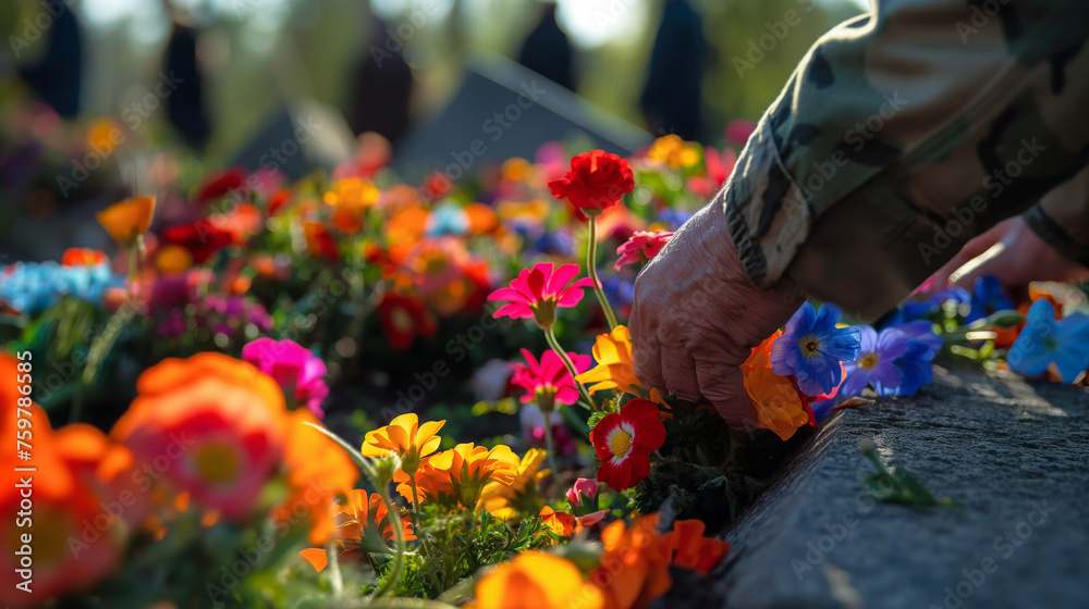 Veterans laying flowers at the base of a war memorial, a colorful ...