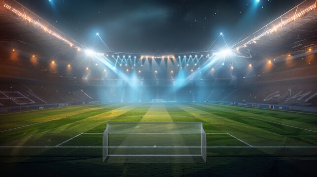 Night game at the stadium, bright lights illuminate the field, highlighting the action.