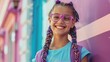 Smiling young girl with colorful braids captures the vibrancy of life against a backdrop of lively city streets, girl with a radiant smile showcases her rainbow-colored hair, diversity, expression