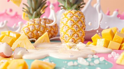 Wall Mural - Tropical mix of pineapple and mango with splashes of milk