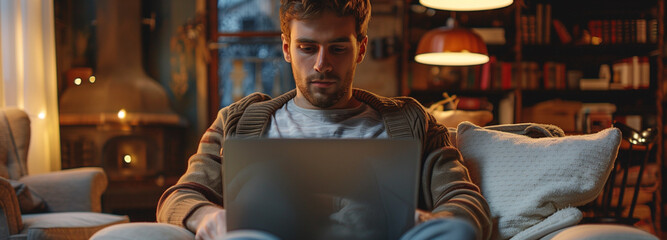 web developer sitting infront of a laptop in a comfy chair, in a cosy living room