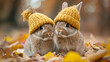 Two little funny rabbits dressed in woolen knitted hats in autumn background. generative ai 