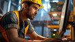 portrait of a construction worker in a helmet, construction worker with yellow helmet at the workstation, construction worker doing a work