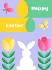 Poster - Happy Easter greeting card, poster, sale banner. Trendy  minimalist style design template with easter bunny, tulips, butterflies and painted easter eggs. Vector illustration 