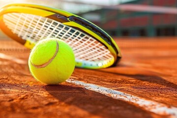 Tennis rackets and ball on clay tennis court. Up close