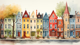 Fototapeta Fototapeta uliczki - The watercolor illustration showcases a historic neighborhood's colorful facades, narrow streets, and architectural details from bygone eras.