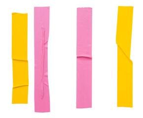 Top view set of pink and yellow wrinkled adhesive vinyl tape or cloth tape in stripes shape isolated with clipping path in png file format