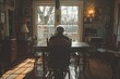 Rear view of confused senior male sitting alone at a dining table at home, trying to remember the events of today and yesterday. Concept of dementia and alzheimer disease