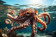 Close up of octopus in clear blue sea waters with sunlight creating mesmerizing underwater scene