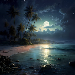 Wall Mural - Ethereal scene of a moonlit beach.