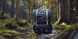 A blue backpack is sitting on the ground in a forest. The backpack is open and the straps are visible. Concept of adventure and exploration