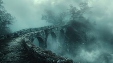 An Eerie Stone Bridge With Arches Disappears Into A Dense Fog Within An Enigmatic, Dark Forest Landscape