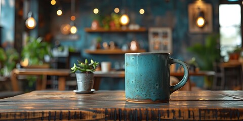 Wall Mural - A coffee shop with a table with a blue mug and a potted plant