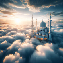 A Flying White Mosque Around White Clouds And Blue Sky Ai Images
