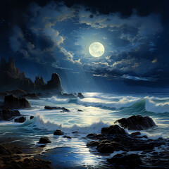 Poster - Moonlit beach with crashing waves. 