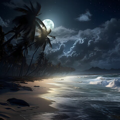 Sticker - Moonlit beach with crashing waves. 