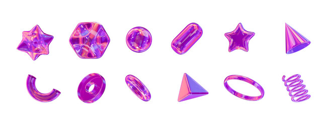 Aufkleber - 3d set holographic geometric shape: square, cylinder, sphere, pyramid, torus, star, cone, icosphere. Metal simple figures with grid for your design on isolated background. 3d rendering..