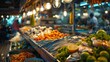 Colorful Seafood and Vegetables at an Open Market. Open market presents a colorful array of seafood and vegetables, under glowing lights at a busy vendor stall.