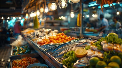 colorful seafood and vegetables at an open market. open market presents a colorful array of seafood 